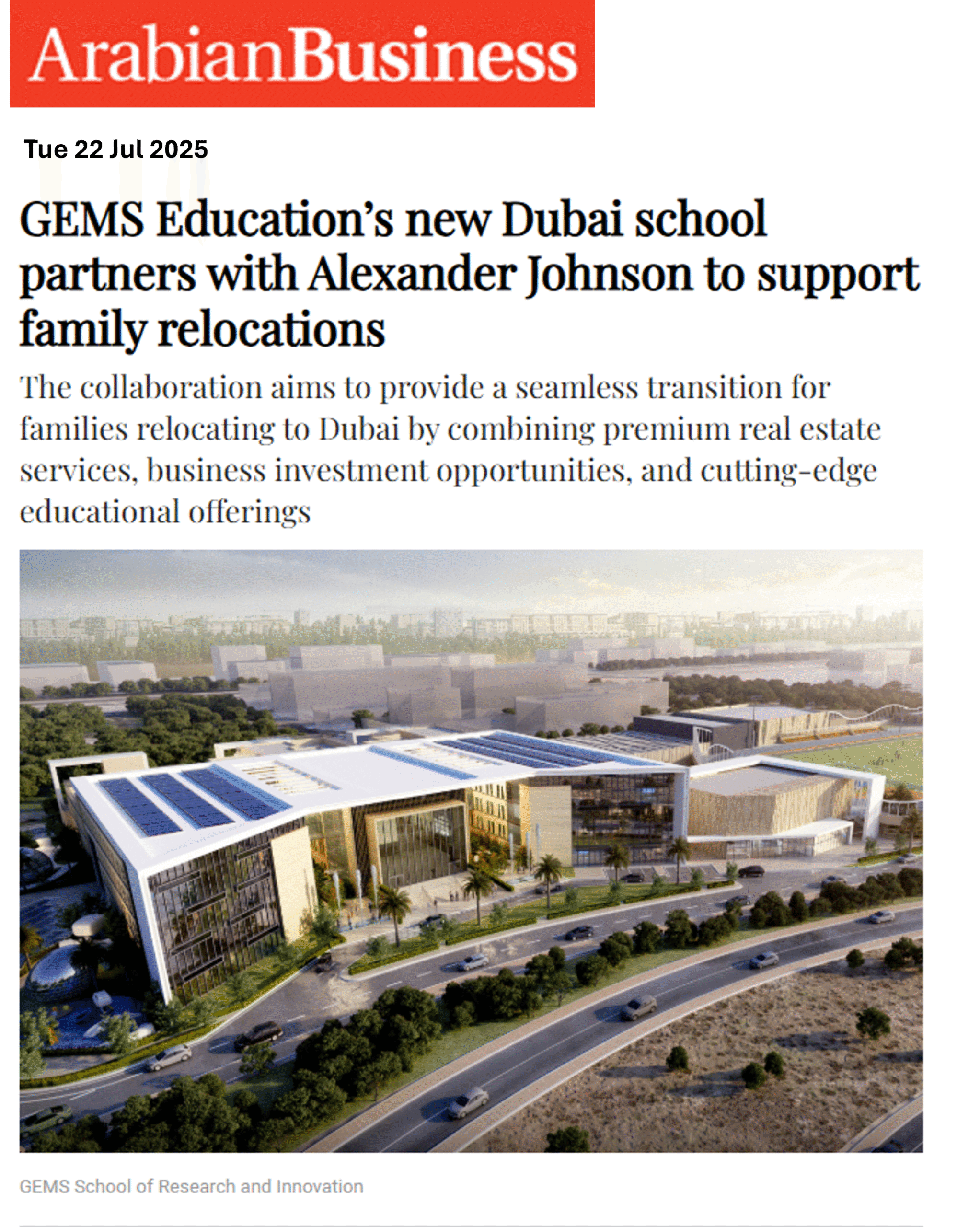 GEMS Education’s new Dubai school partners with Alexander Johnson to support family relocations